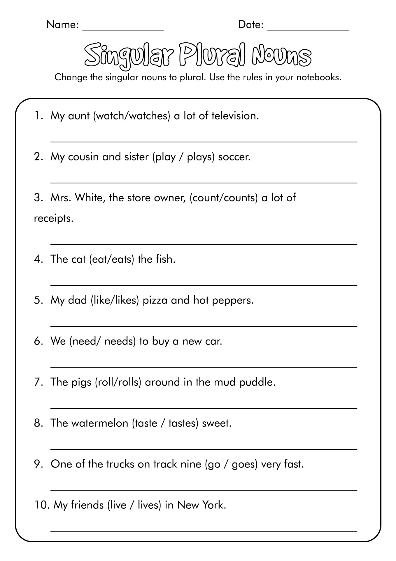 Singular And Plural Nouns Printable Worksheets