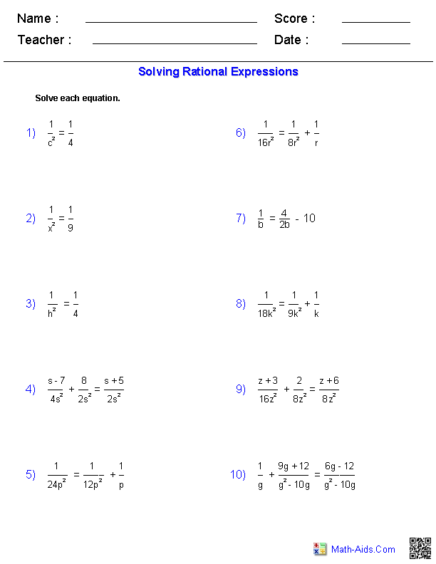 Solving Equations with Rational Expressions Worksheet