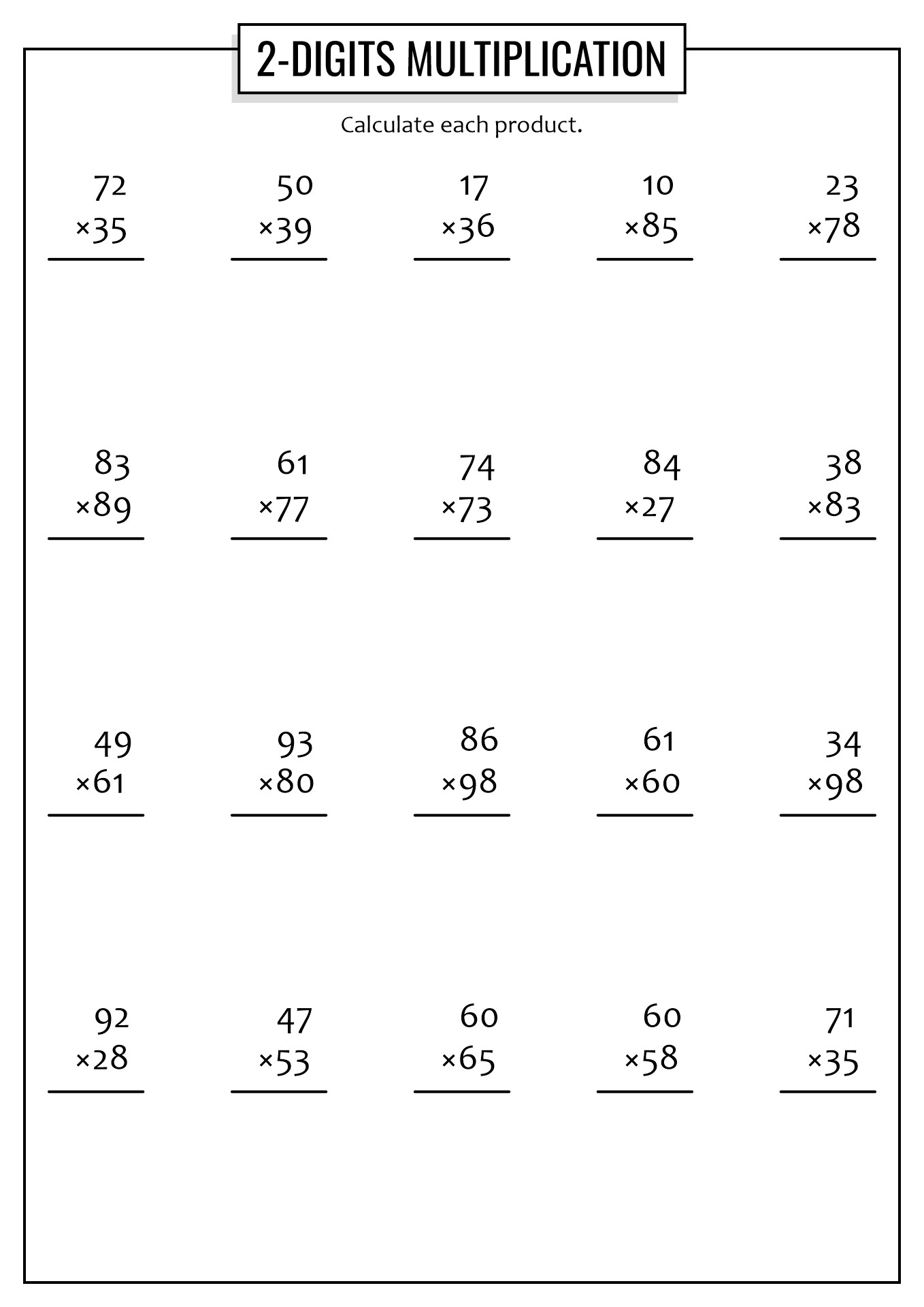 2 Digit Multiplication Worksheets Print