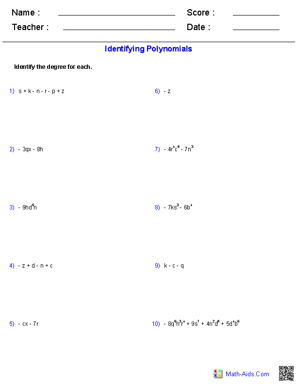 Degrees Terms and Polynomials Worksheets