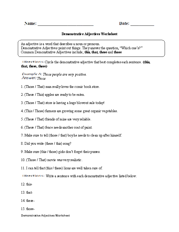 Demonstrative Adjectives Worksheets 4th Grade