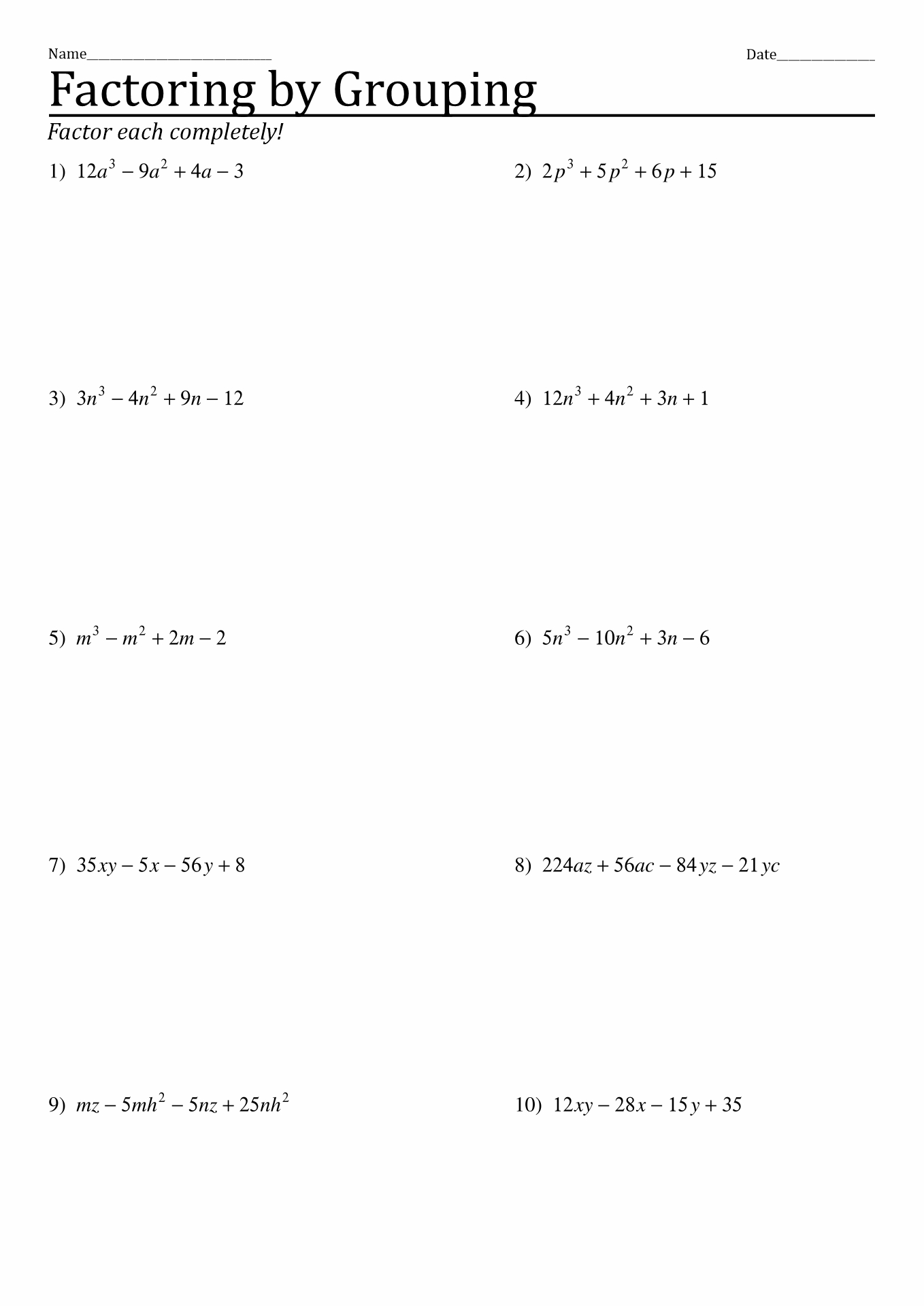 Algebra 1 Factoring Worksheet