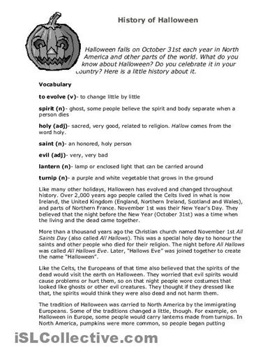 Halloween History Worksheets for High School