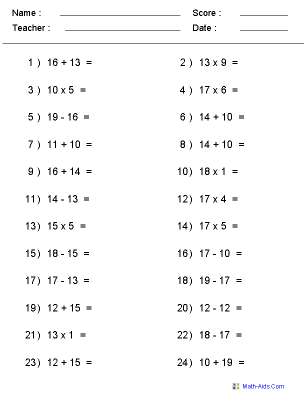 Mixed Math Problems Worksheets