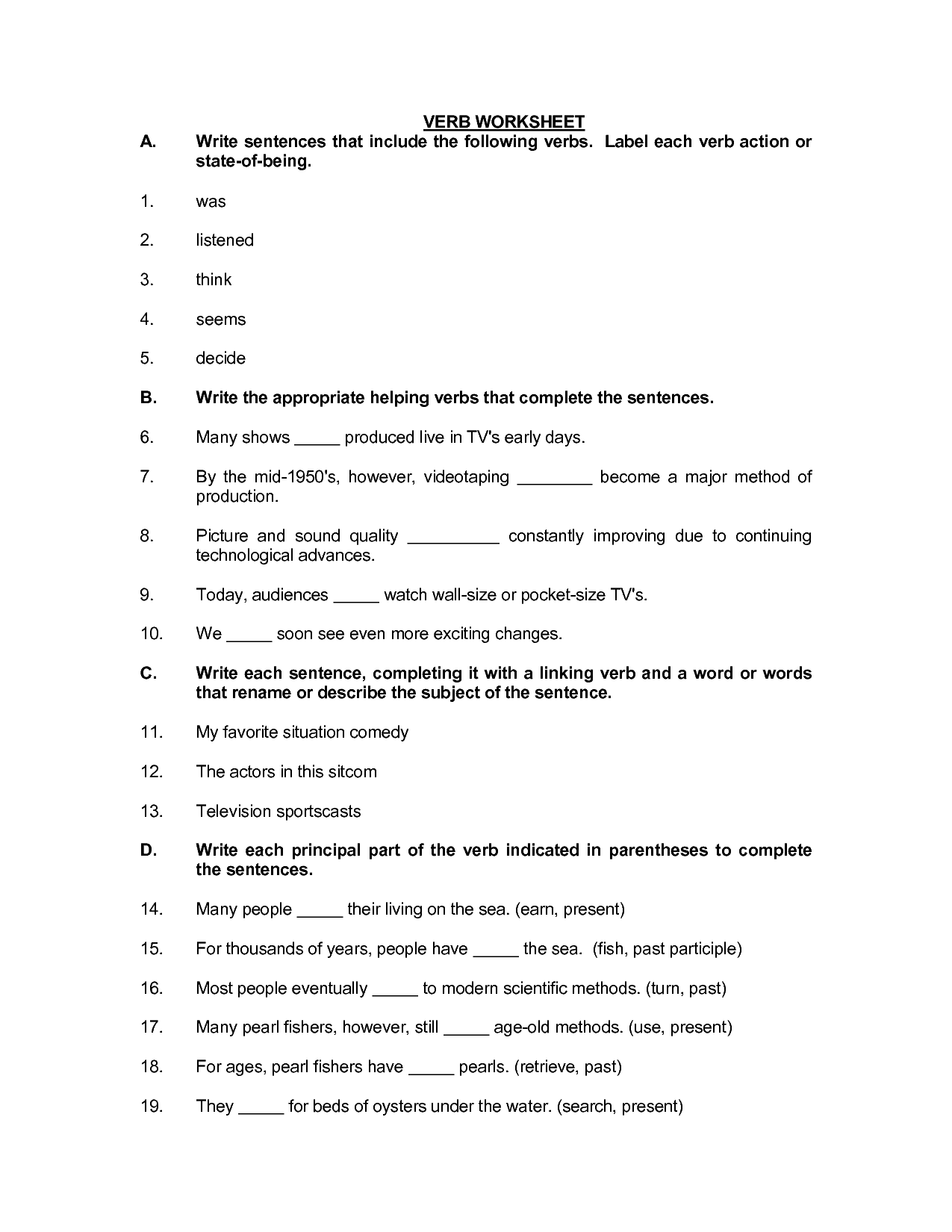 Verbs Past Participle Worksheets