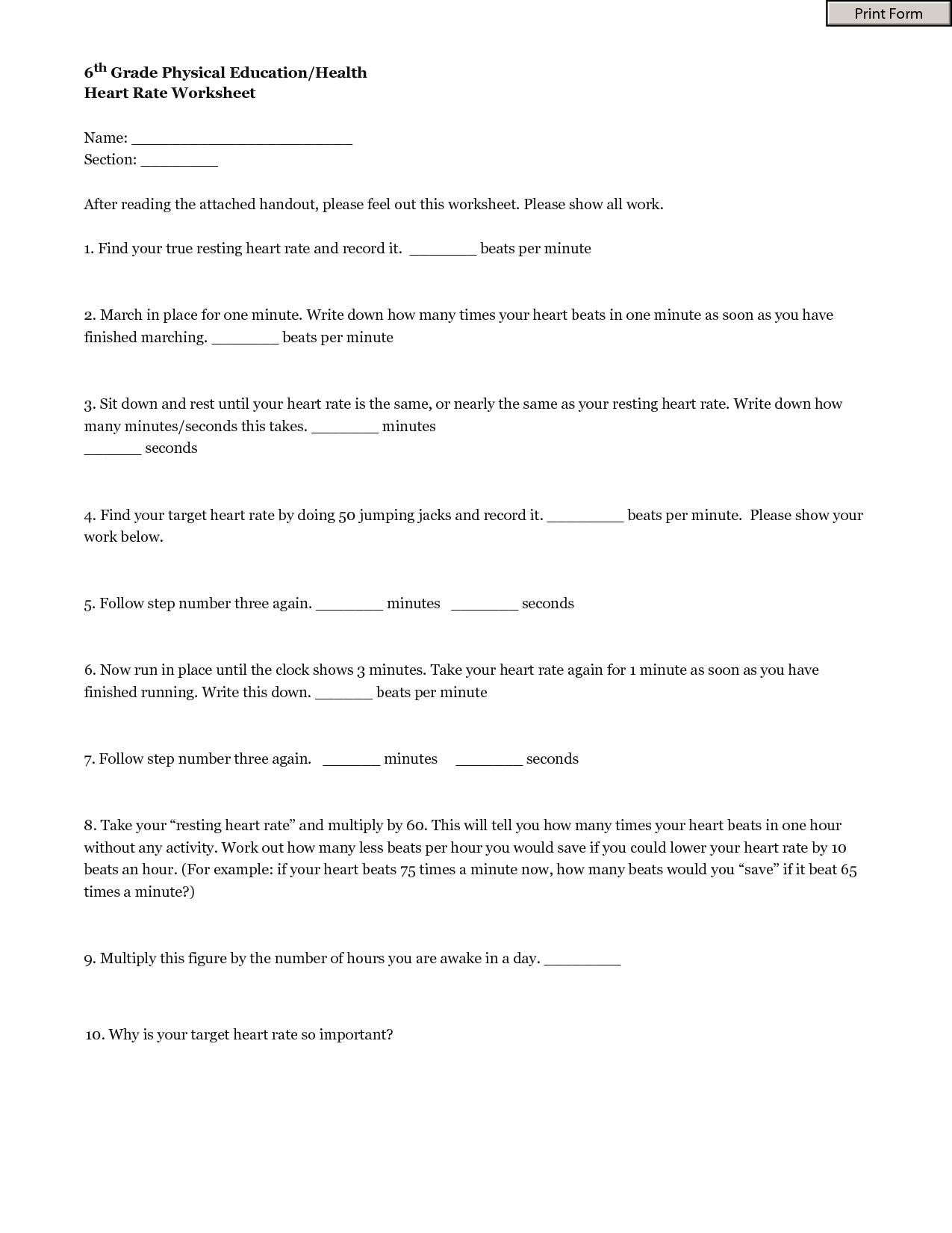6th Grade Physical Education Worksheets