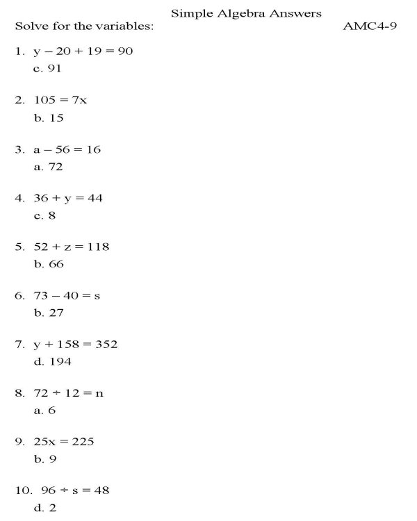 Algebra Math Practice Worksheets