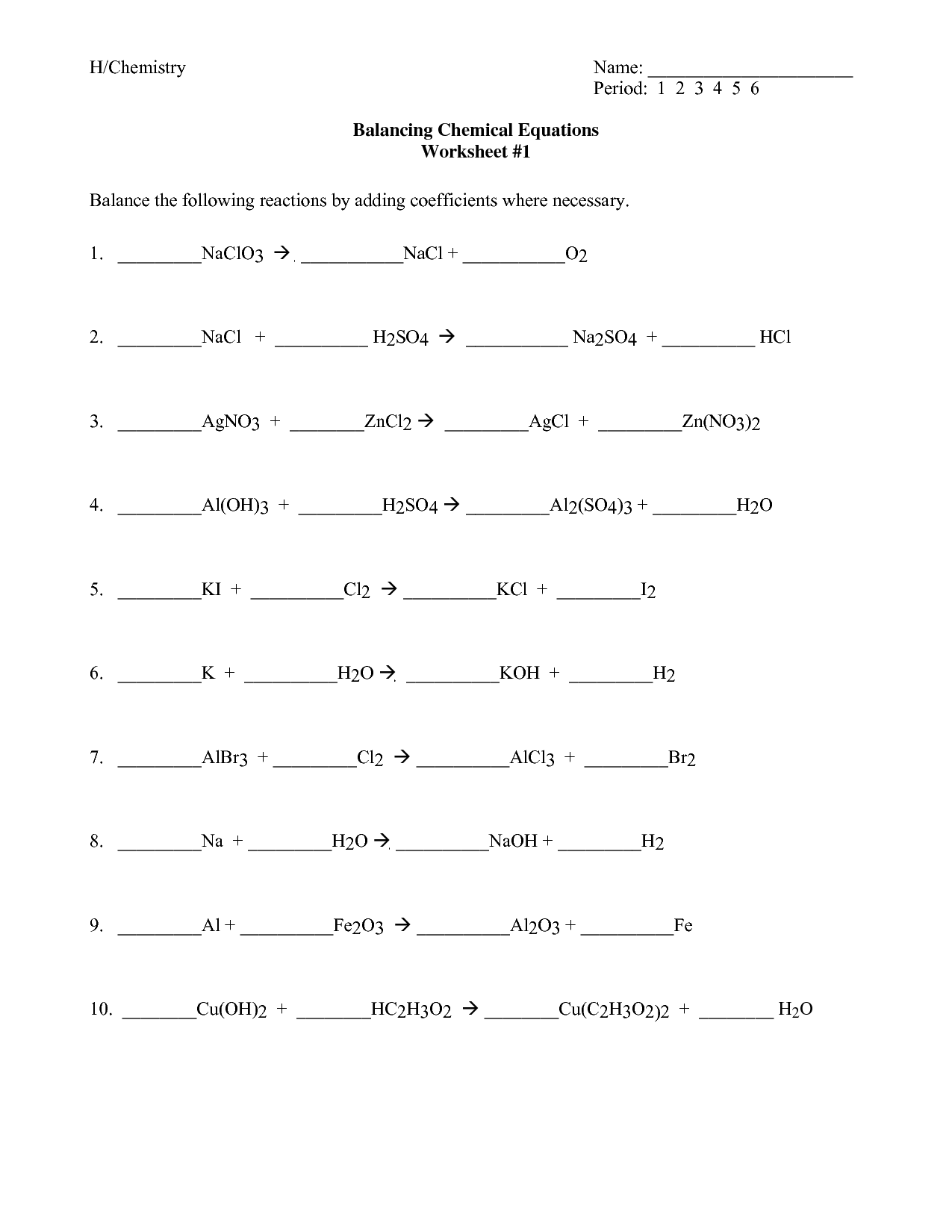 Balancing Chemical Equations Worksheet 1