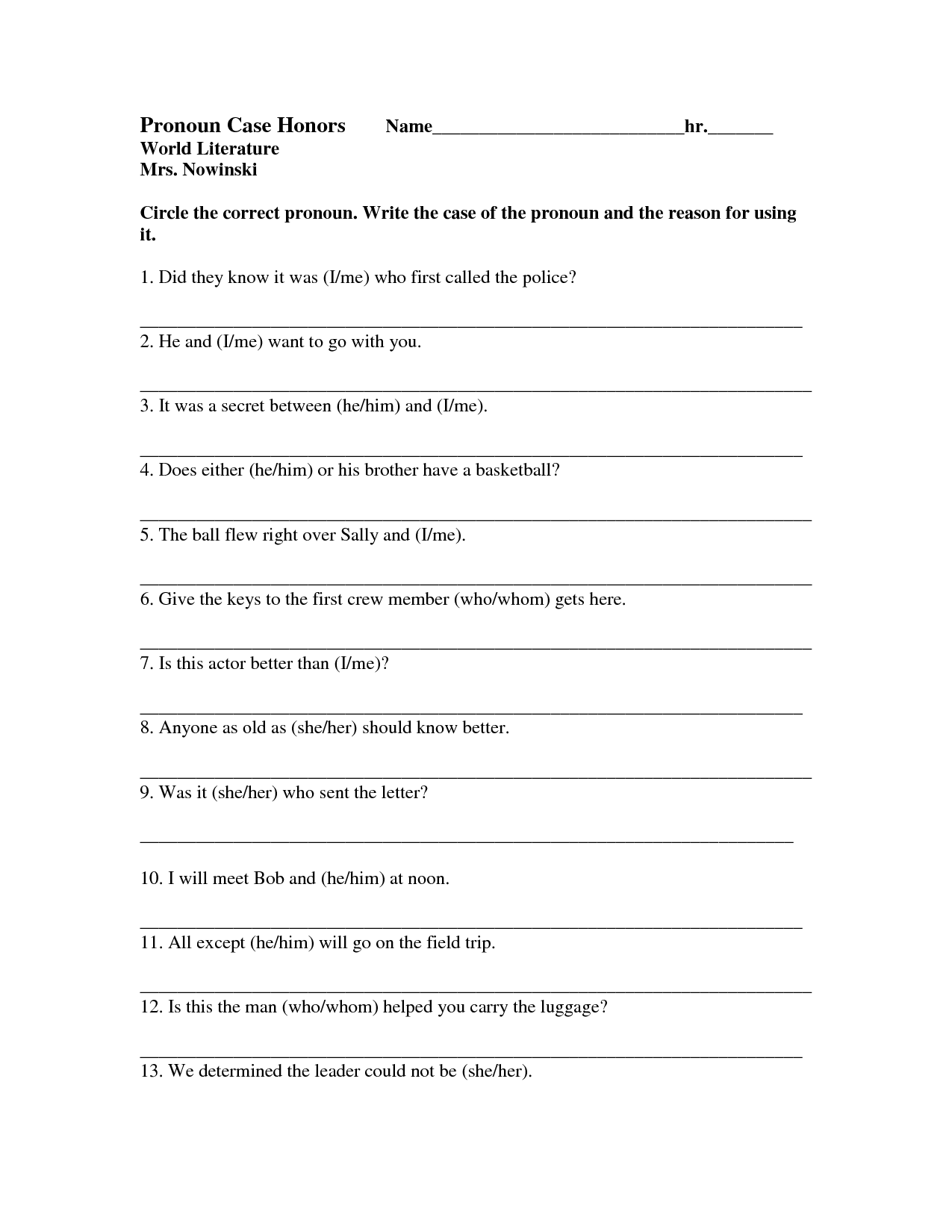 Pronoun Case Agreement Worksheet