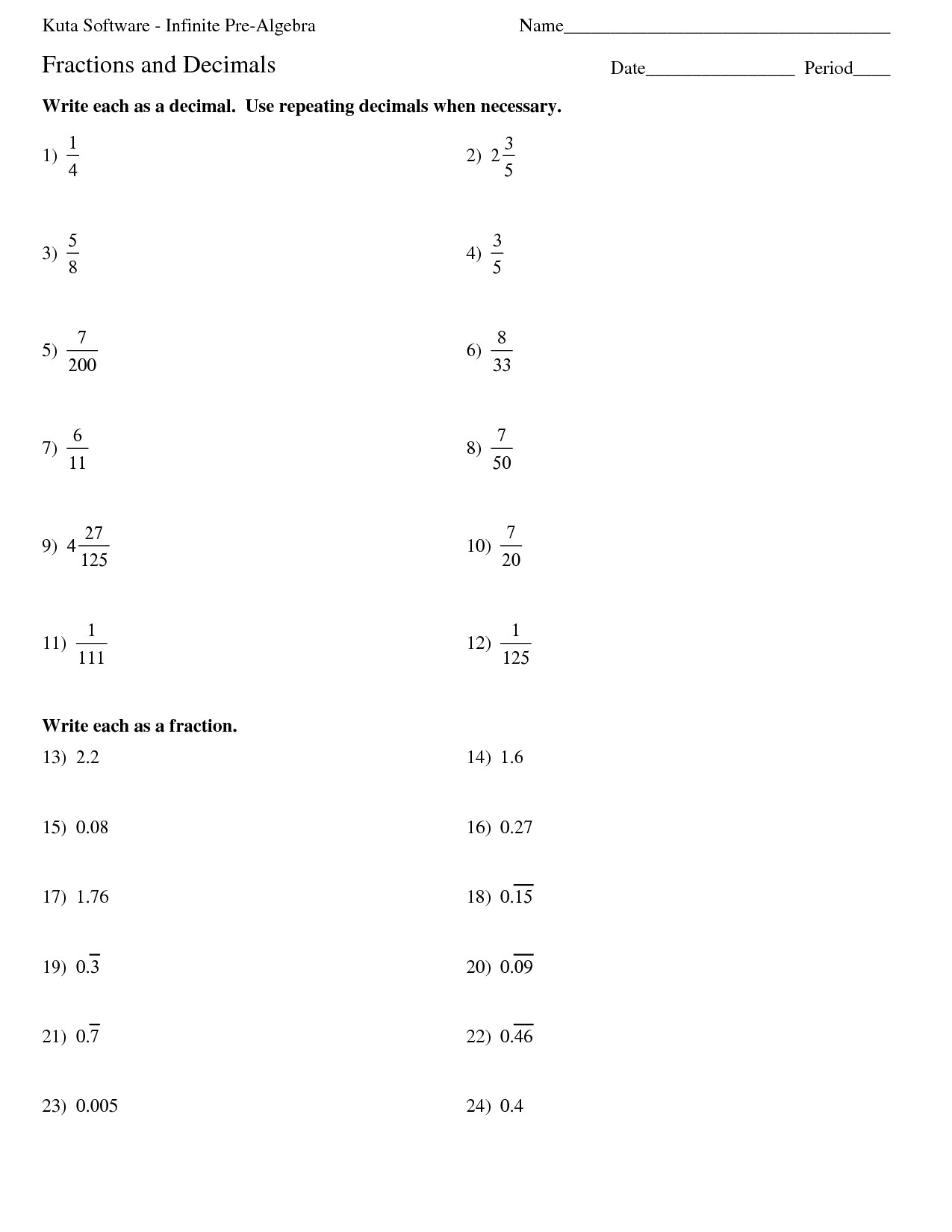 Repeating Decimals to Fractions Worksheet