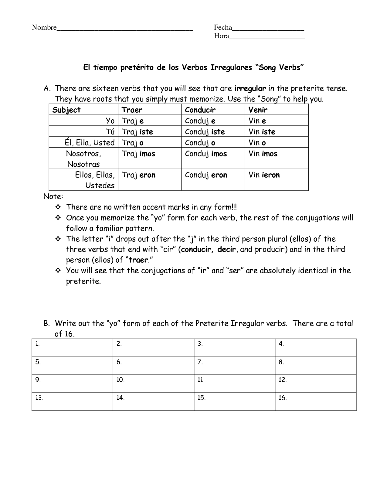 Irregular Preterite Verbs Worksheet