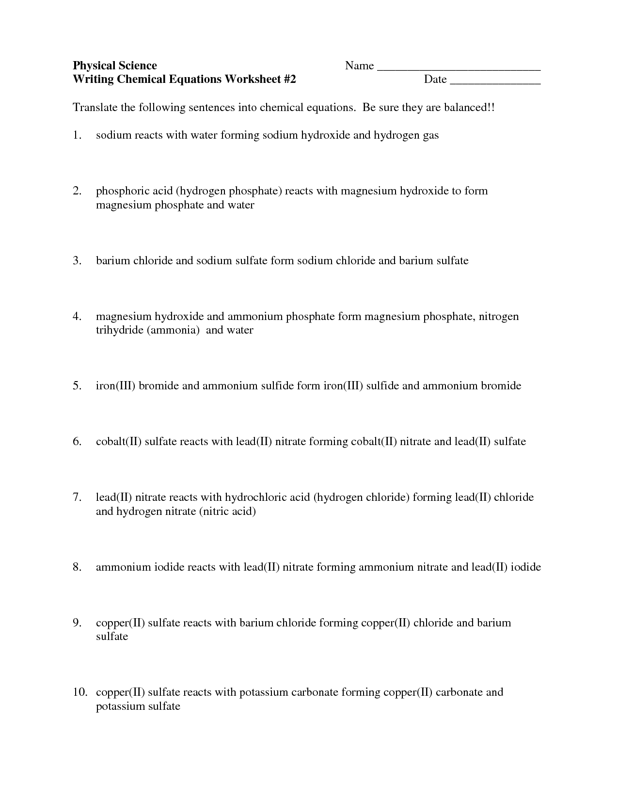 Writing Chemical Equations Worksheet Answers