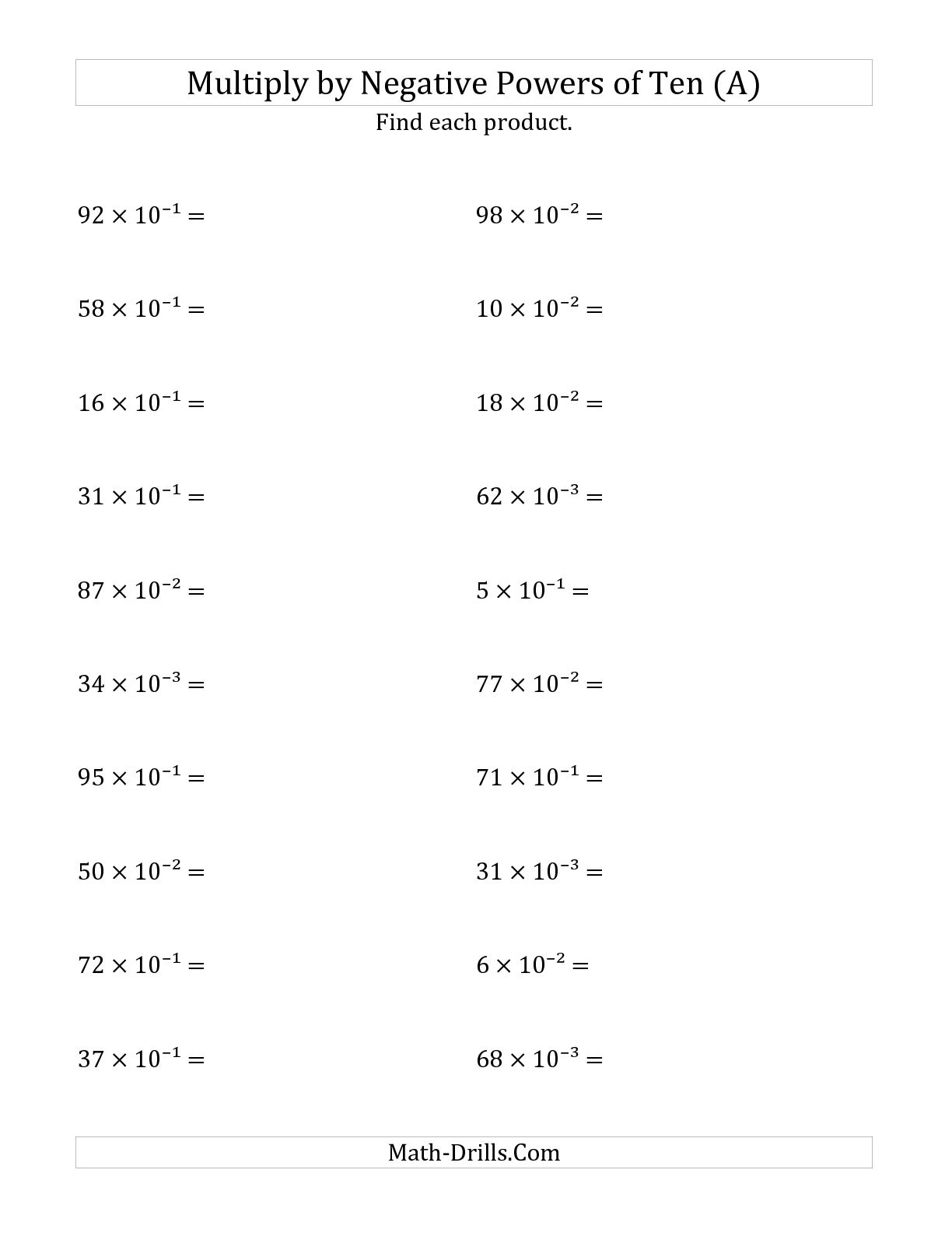 Exponents With Negative Numbers Worksheets