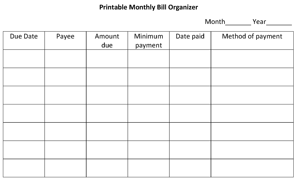  Monthly Bill Organizer Template