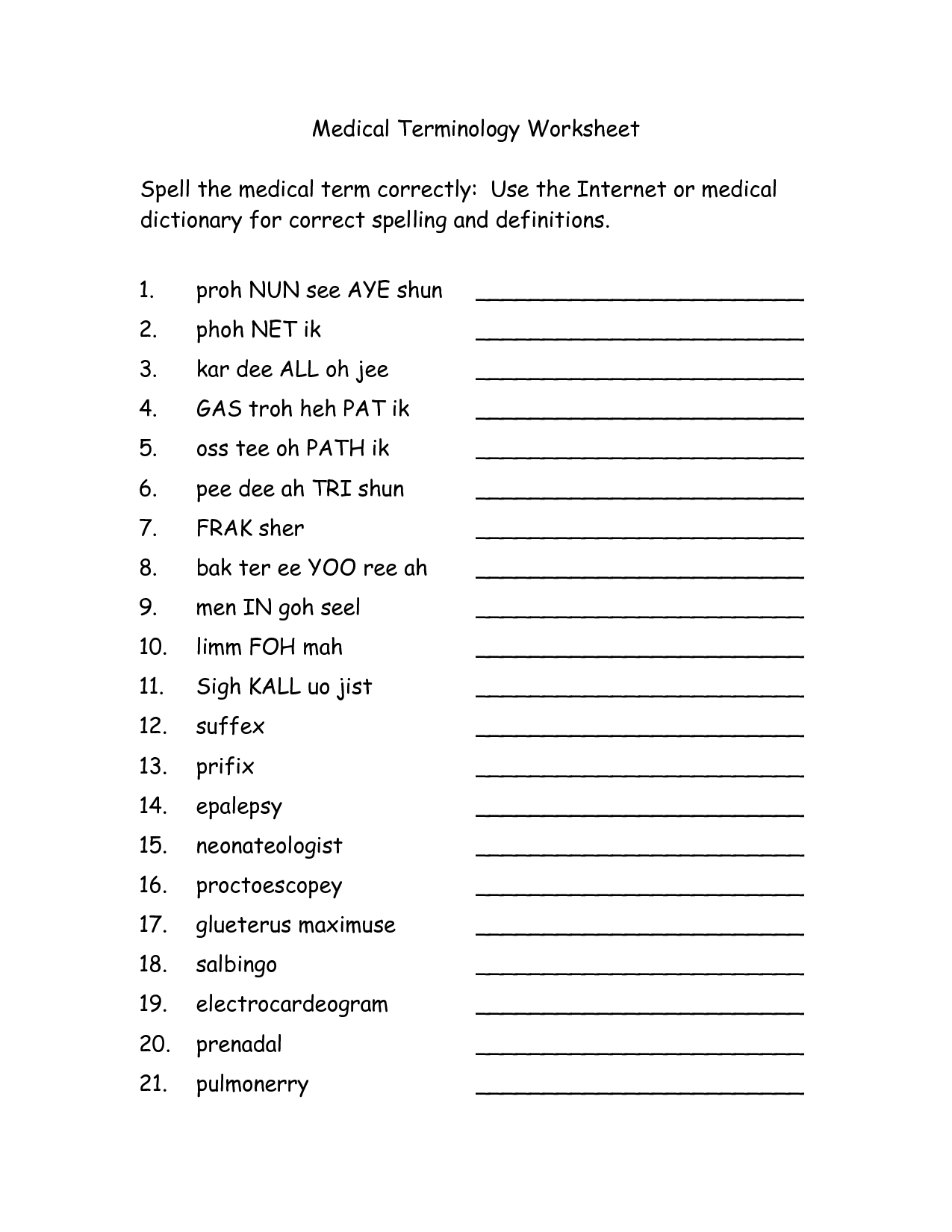 Medical Worksheets Free Printable