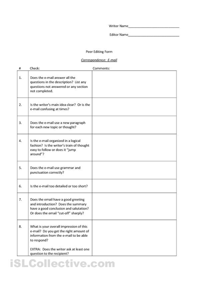 High School Peer Editing Worksheet