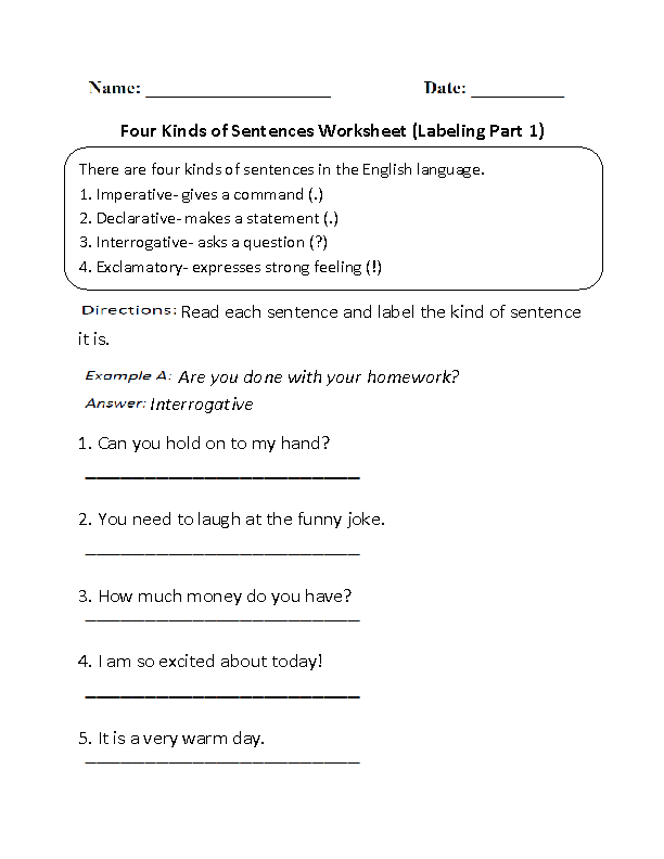 Kinds of Sentences Worksheets