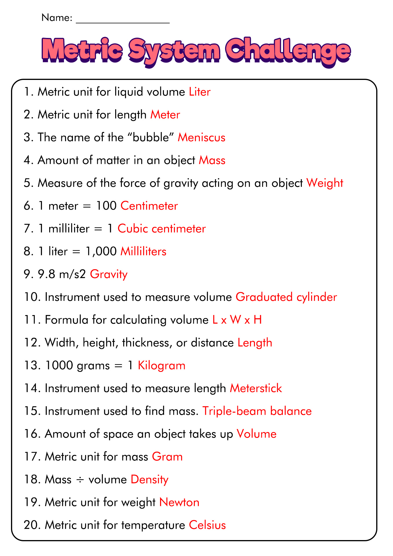 12 Best Images of Measuring Units Worksheet Answer Key  Metric Unit Conversion Worksheet 