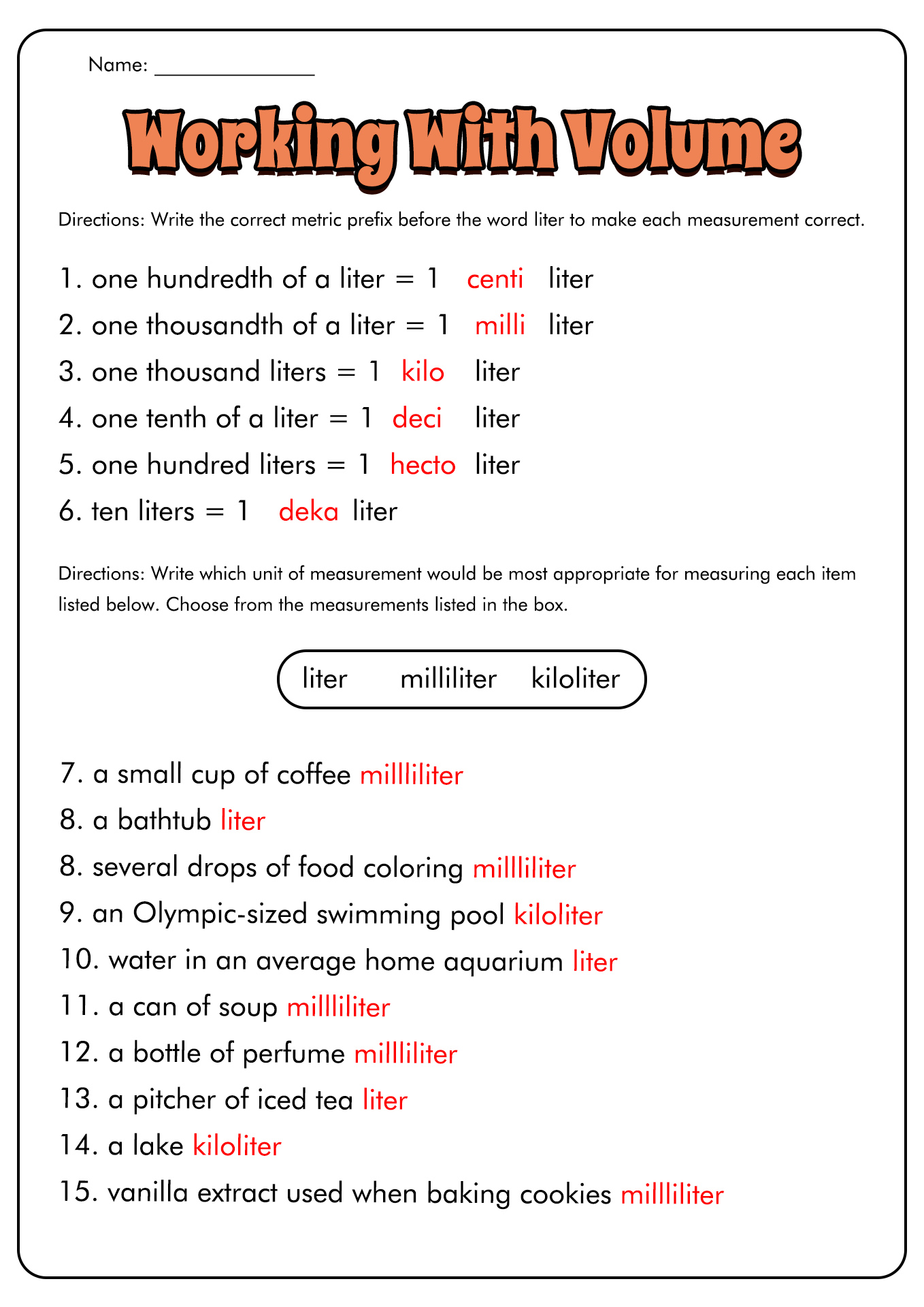 12 Best Images of Measuring Units Worksheet Answer Key - Metric Unit