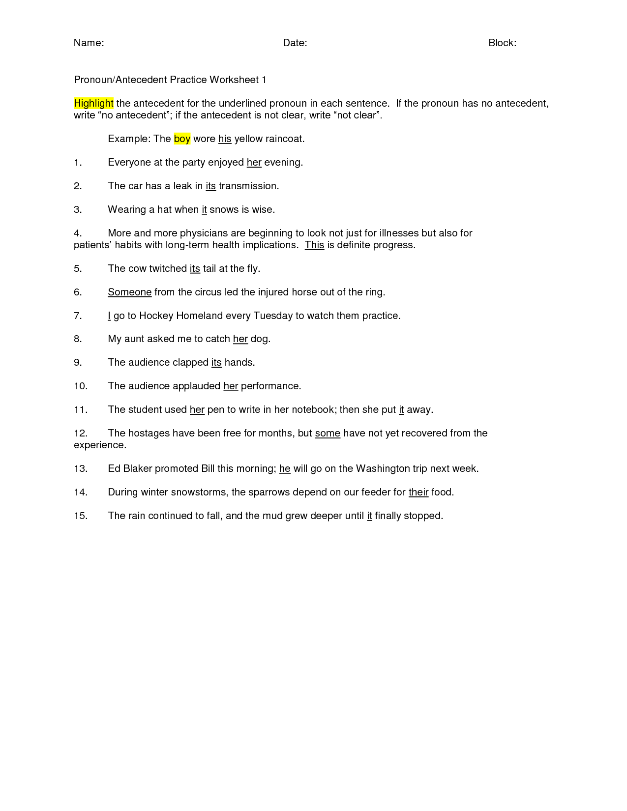 Pronoun Antecedent Identification Worksheet