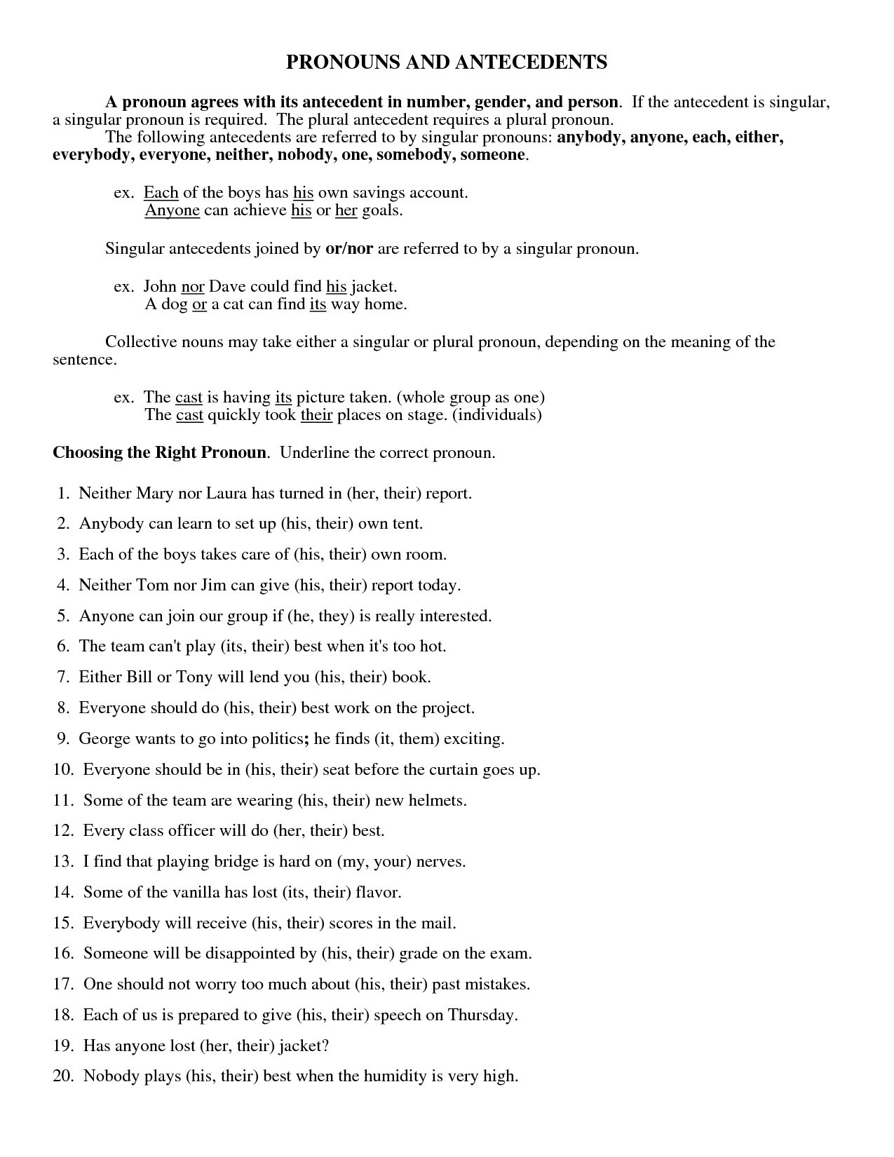Grammar Worksheets Agreement Of Pronoun With Antecedent Answers