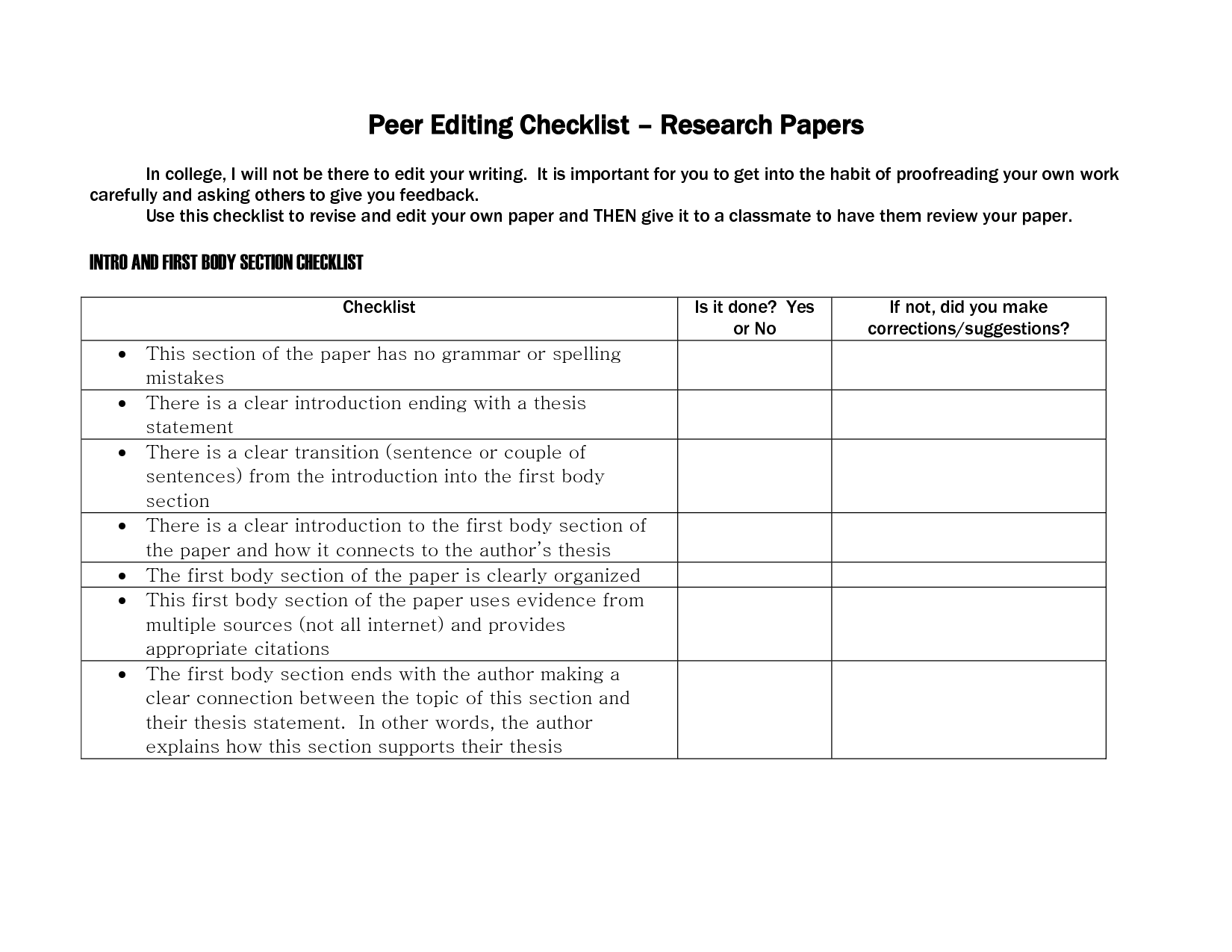 Research Paper Peer Editing Checklist