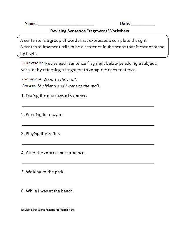 Complete Sentence And Fragment Worksheets