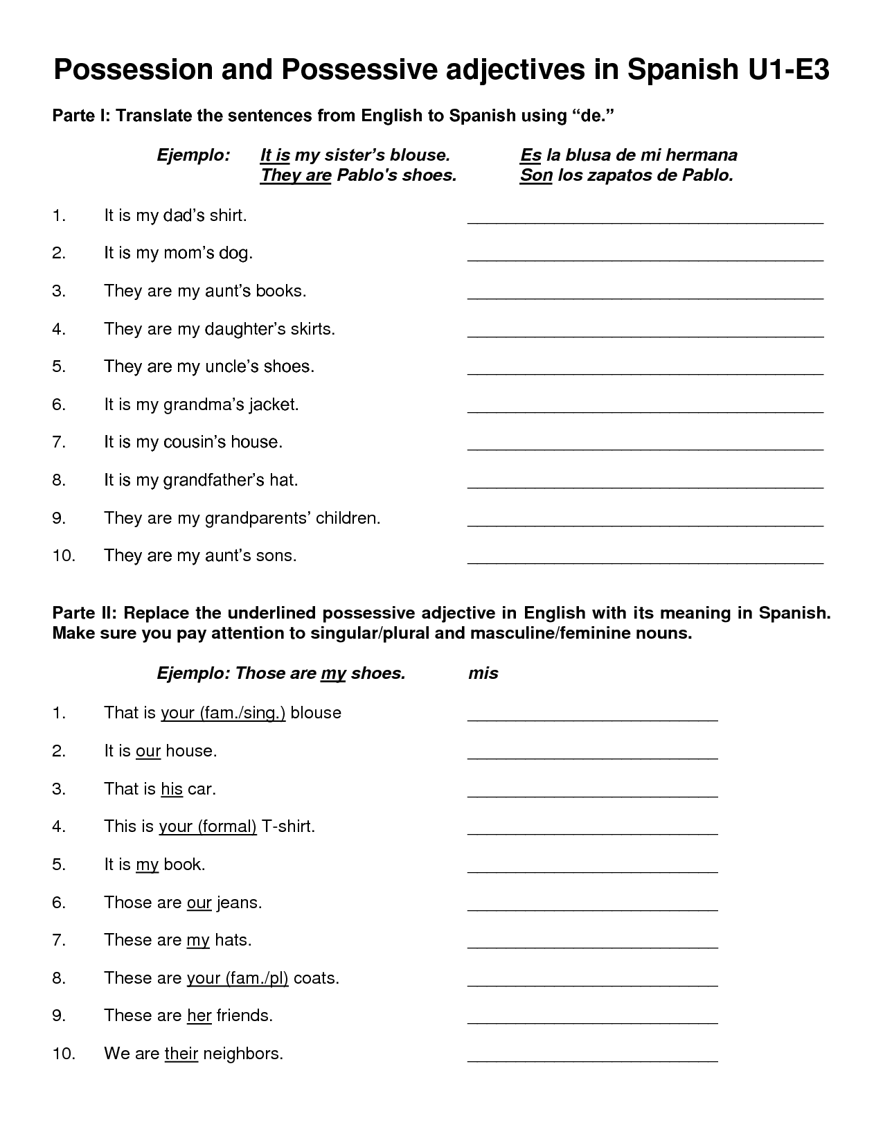 Possessive Adjectives Spanish Worksheets