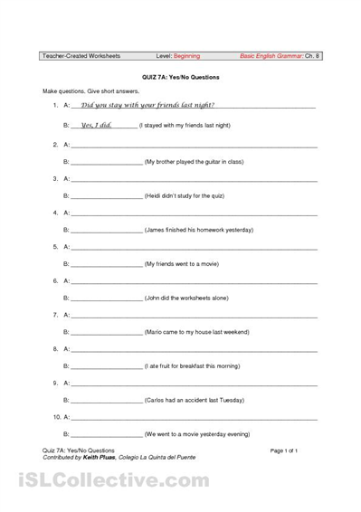 Yes No Questions Worksheets