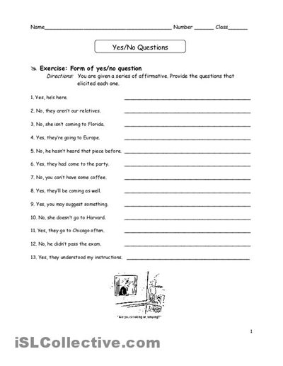 Yes or No Question Worksheet