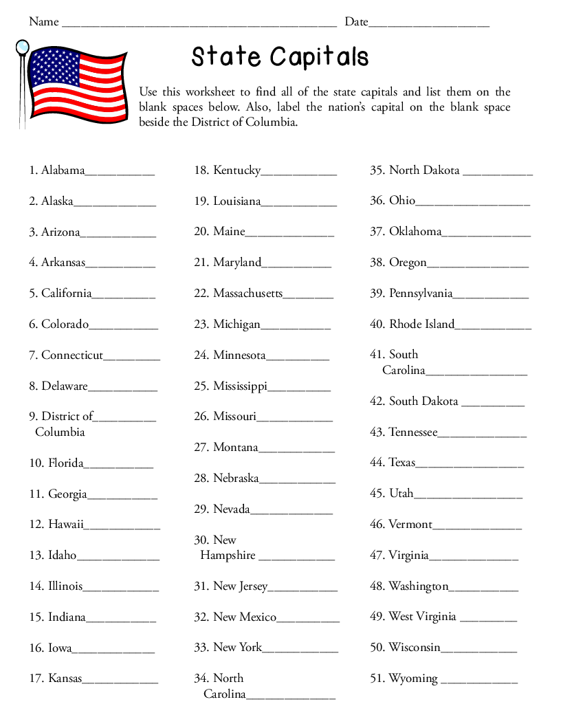 Printable List Of 50 States 50 States Map With Capitals Printable