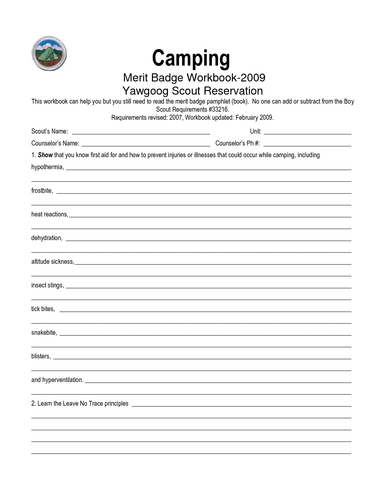 Boy Scout Camping Merit Badge Worksheets
