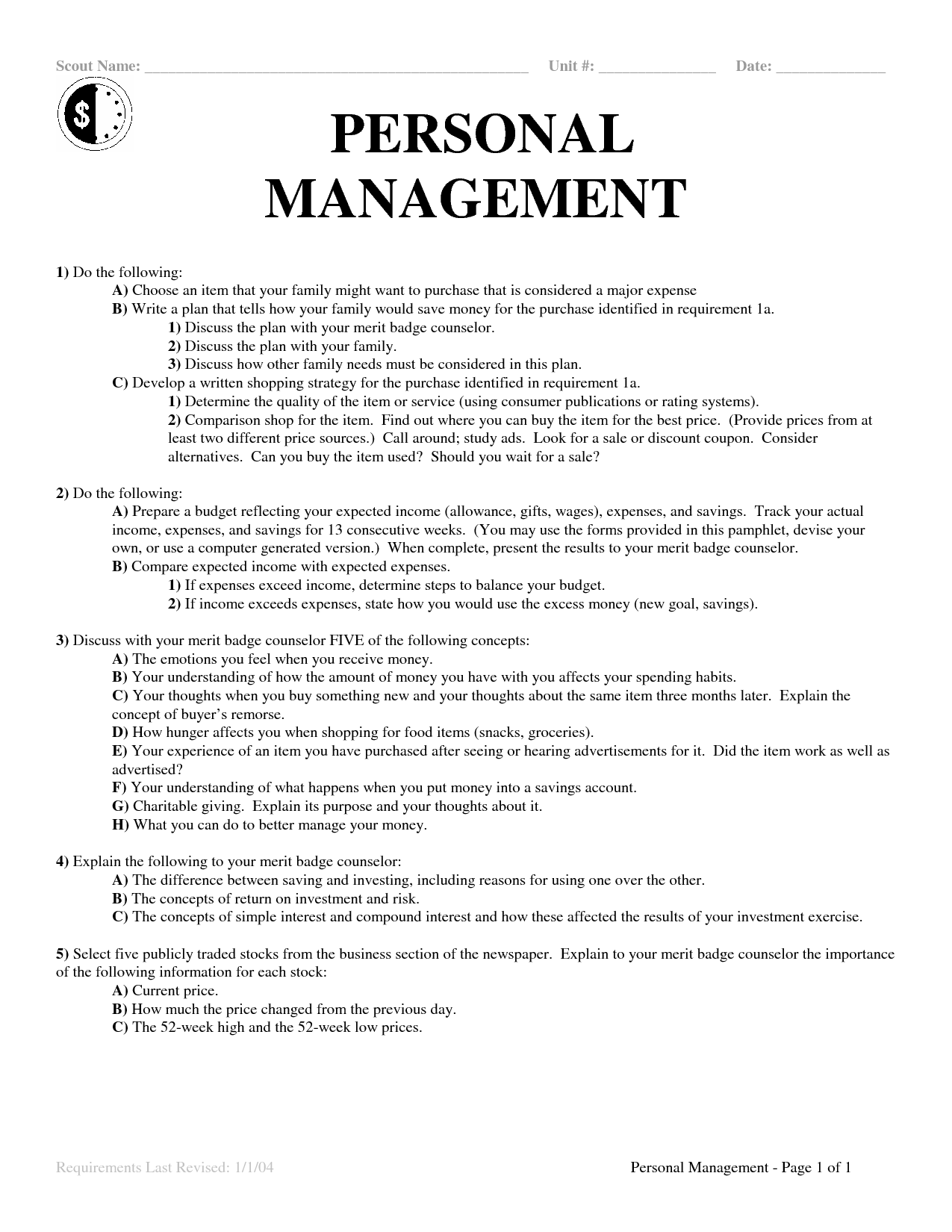BSA Personal Management Merit Badge Worksheet