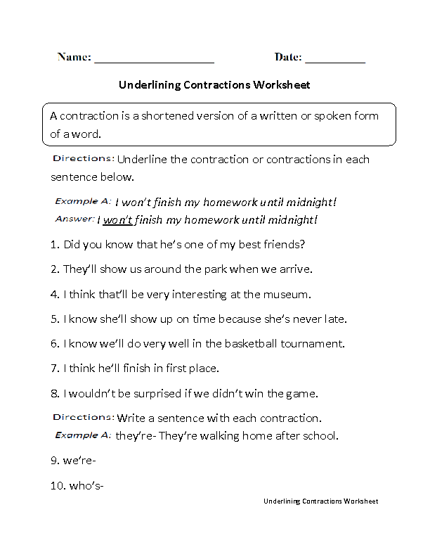 Contractions Worksheet 2nd Grade