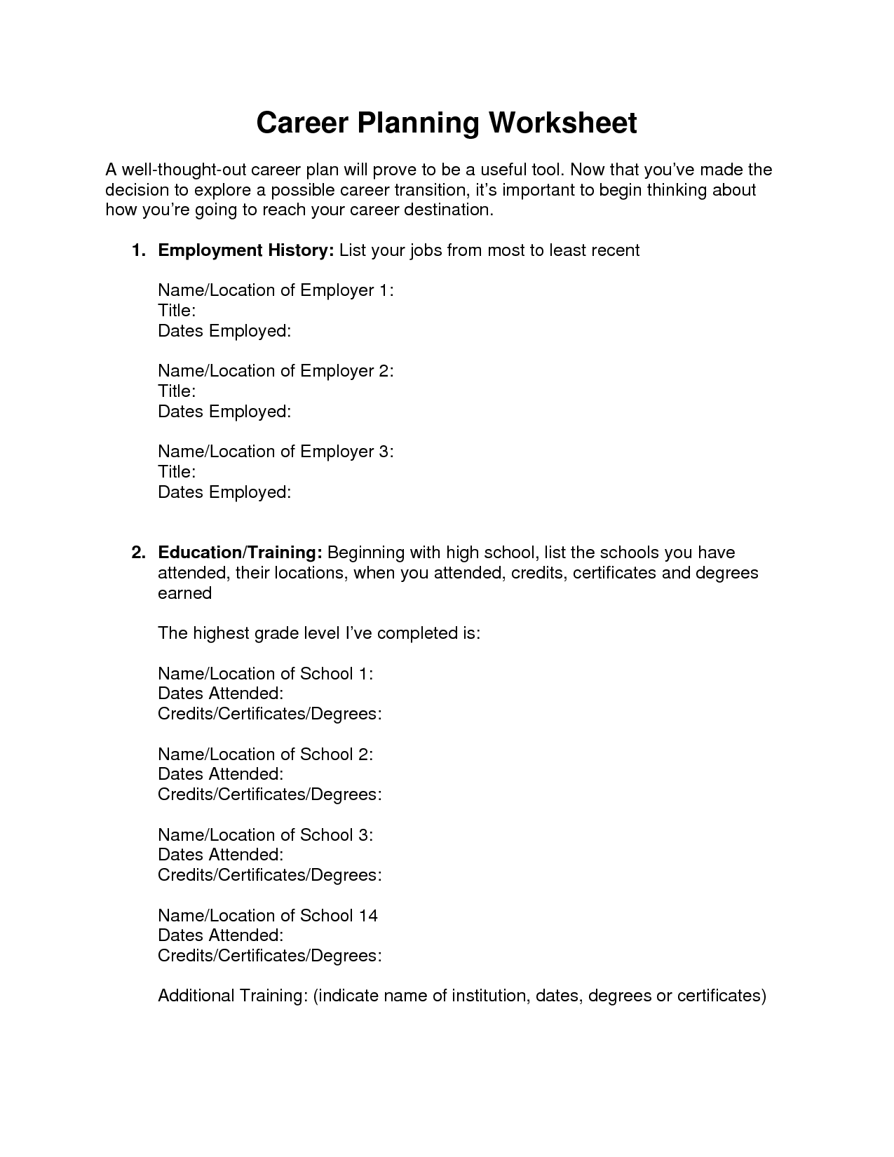 High School Career Planning Worksheet