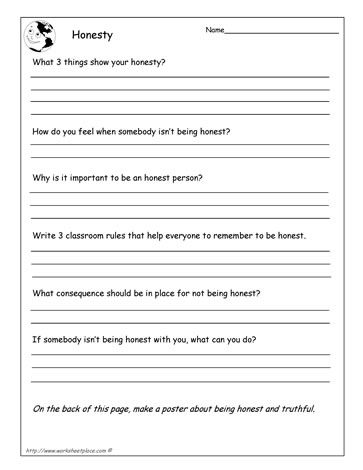 Printable worksheet with the words &lsquo;Honesty&rsquo; at the top and a chart where kids can rate themselves on how honest they are