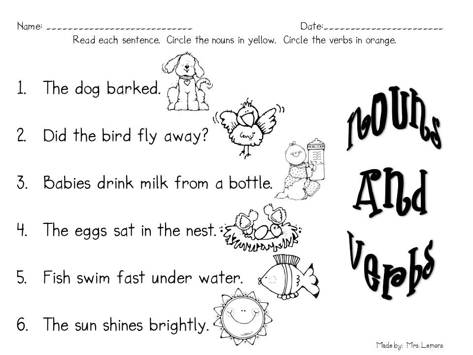 Identifying Nouns And Verbs Worksheets