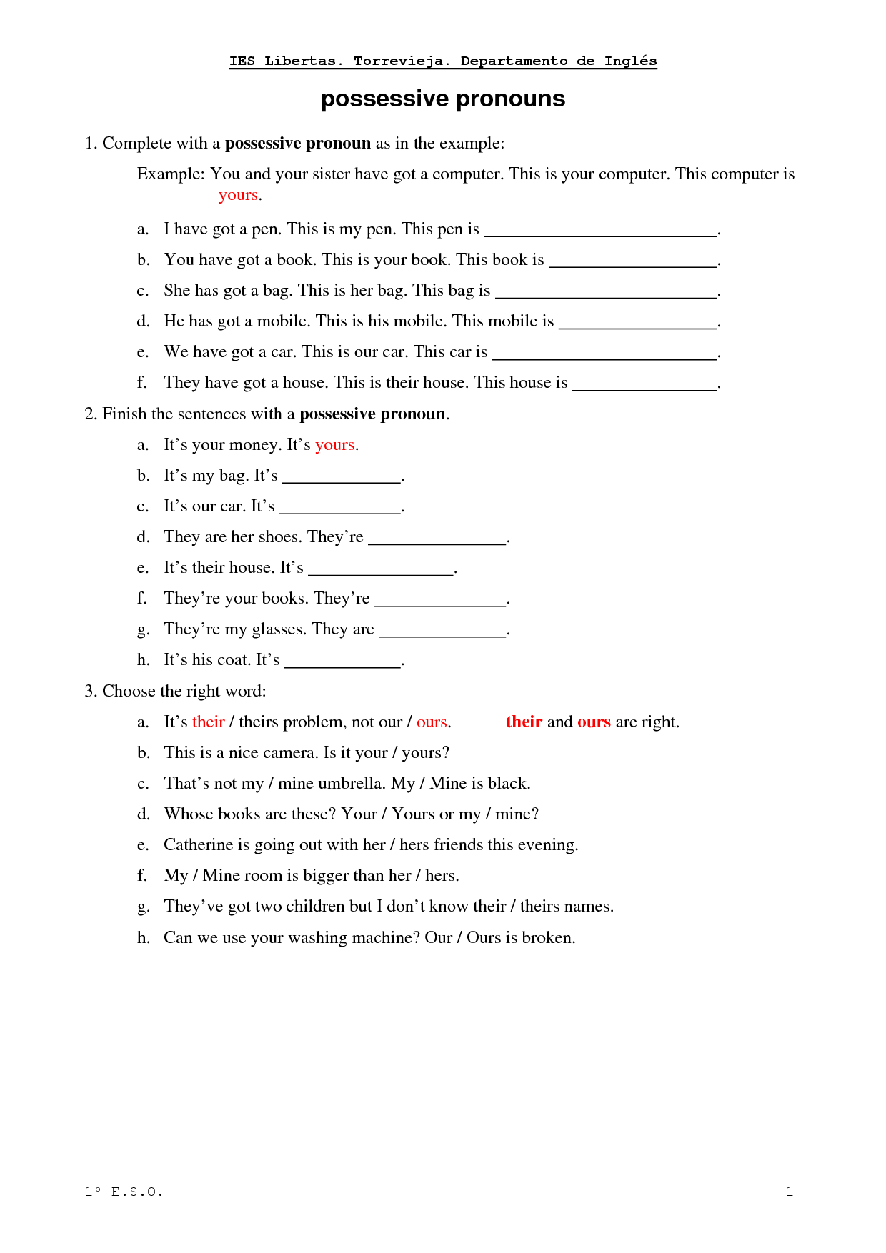 Subject Pronouns Spanish Worksheet