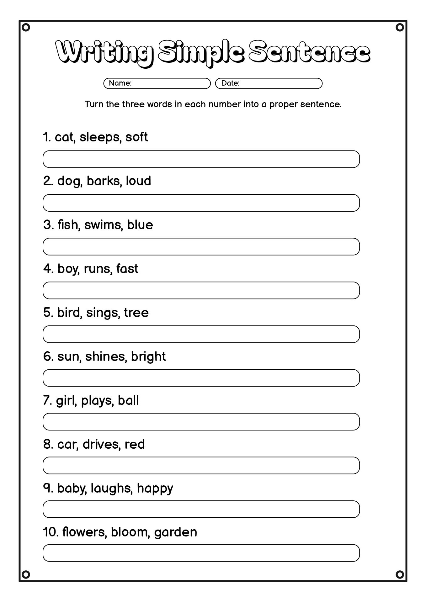 Parts Of A Simple Sentence Worksheets