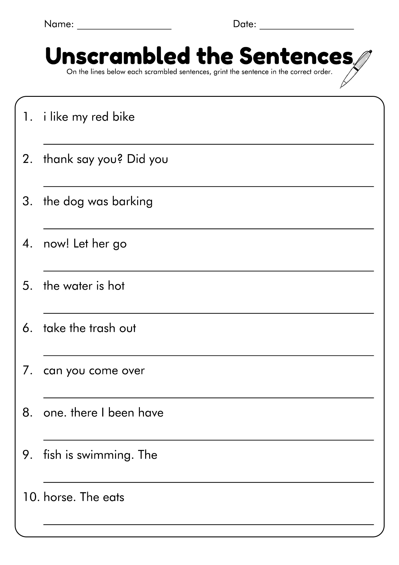 Sentence Worksheets For Grade 1