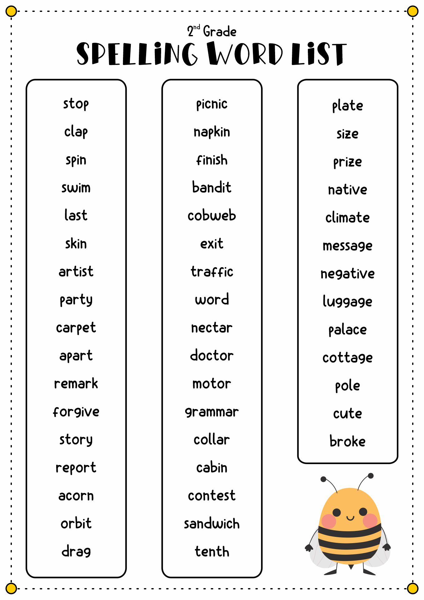 Printable 2nd Grade Spelling Words