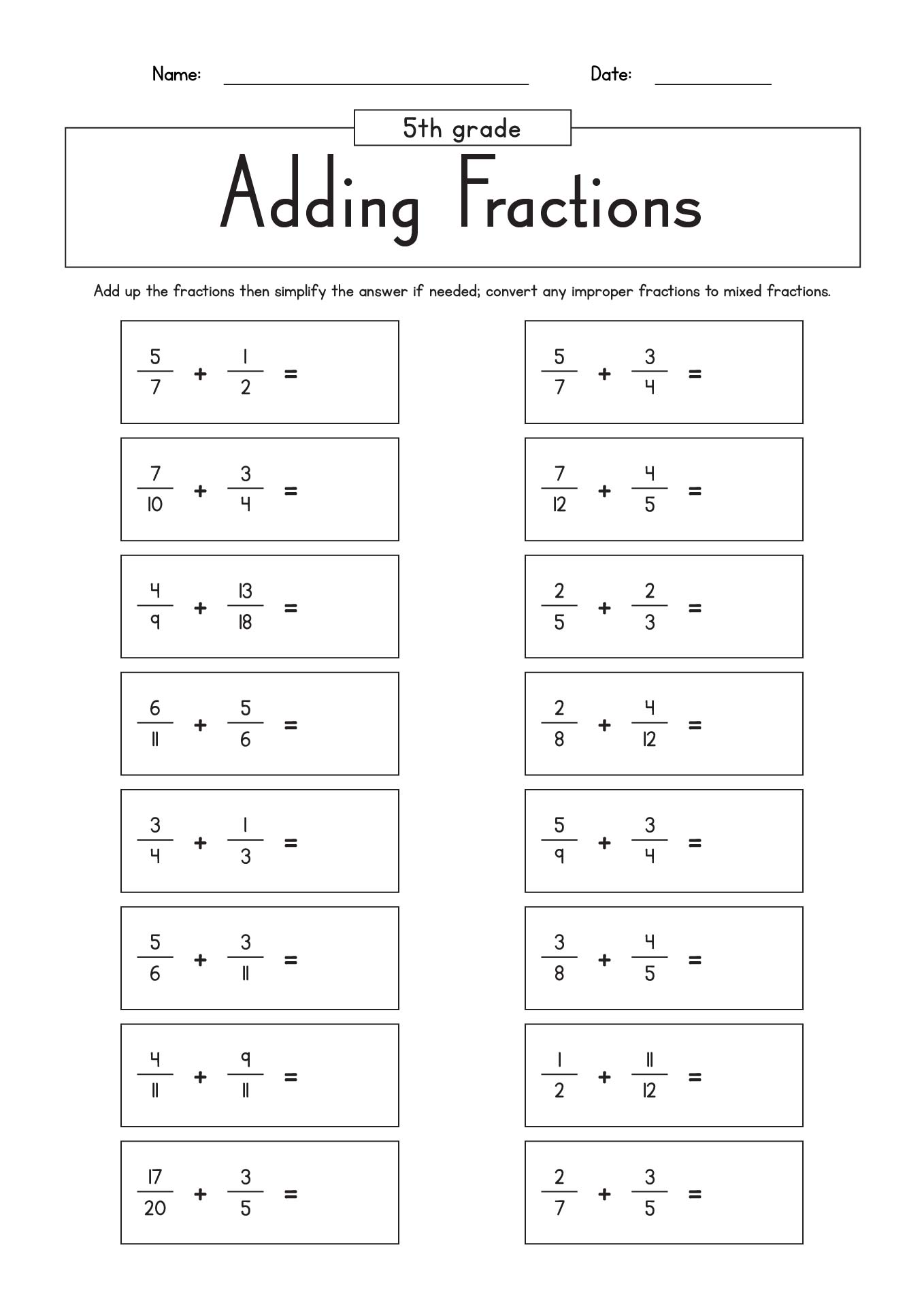 Adding Fractions Worksheets 5th Grade