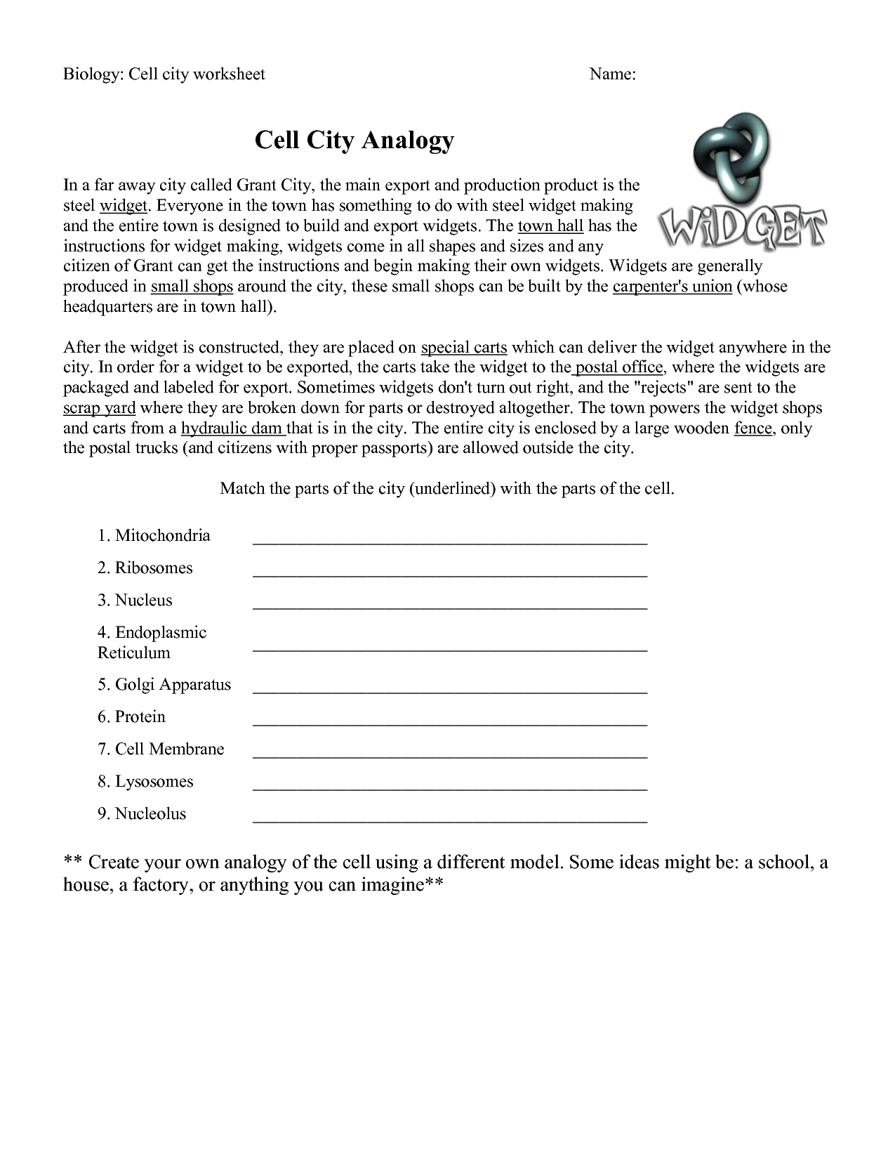 Cell City Analogy Worksheet