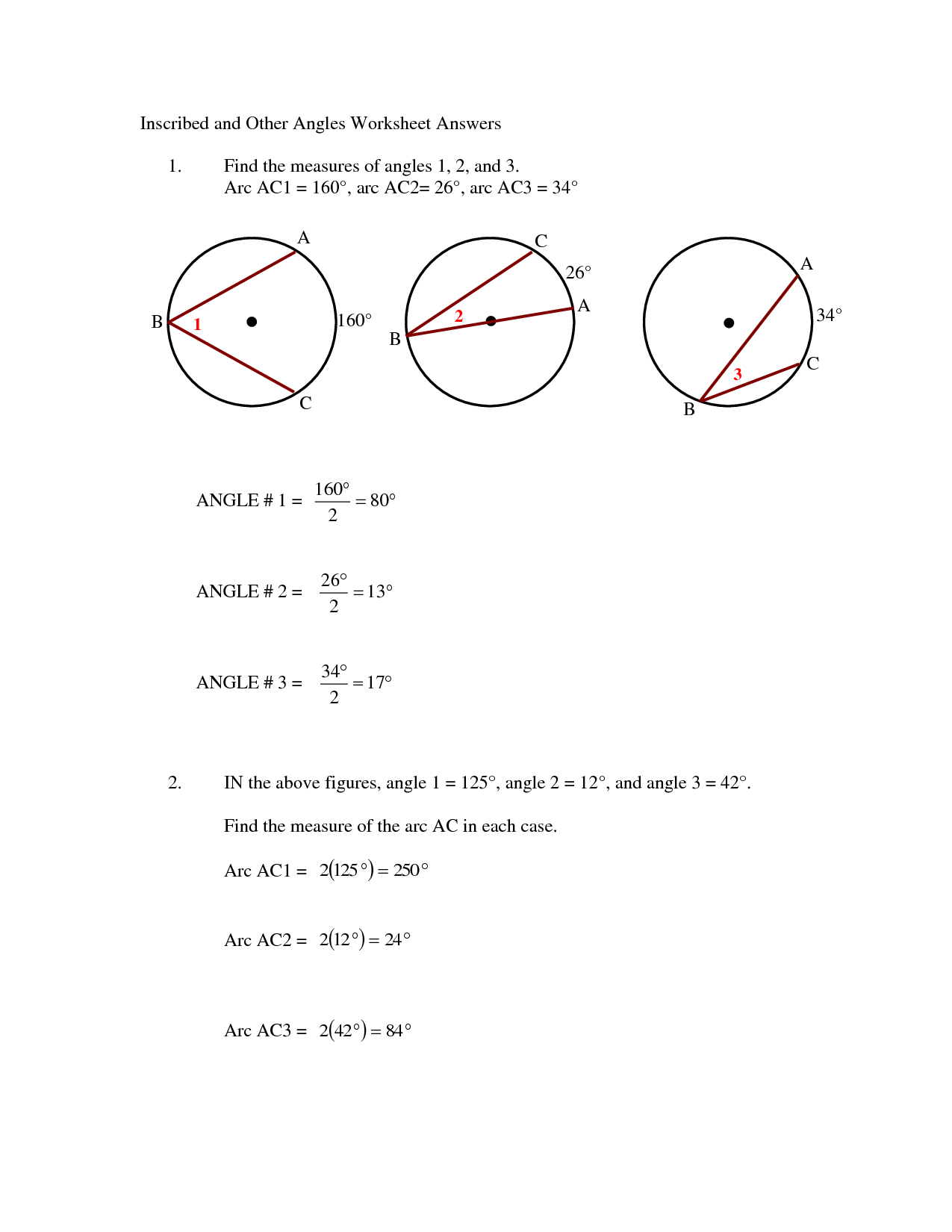 Central And Inscribed Angles Worksheet Answer Key