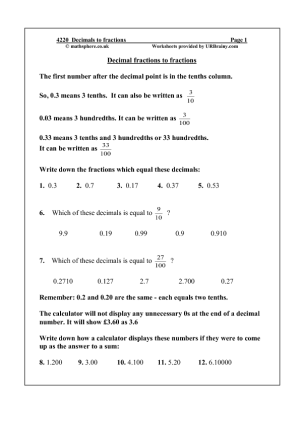 Changing Fractions into Decimals Worksheets