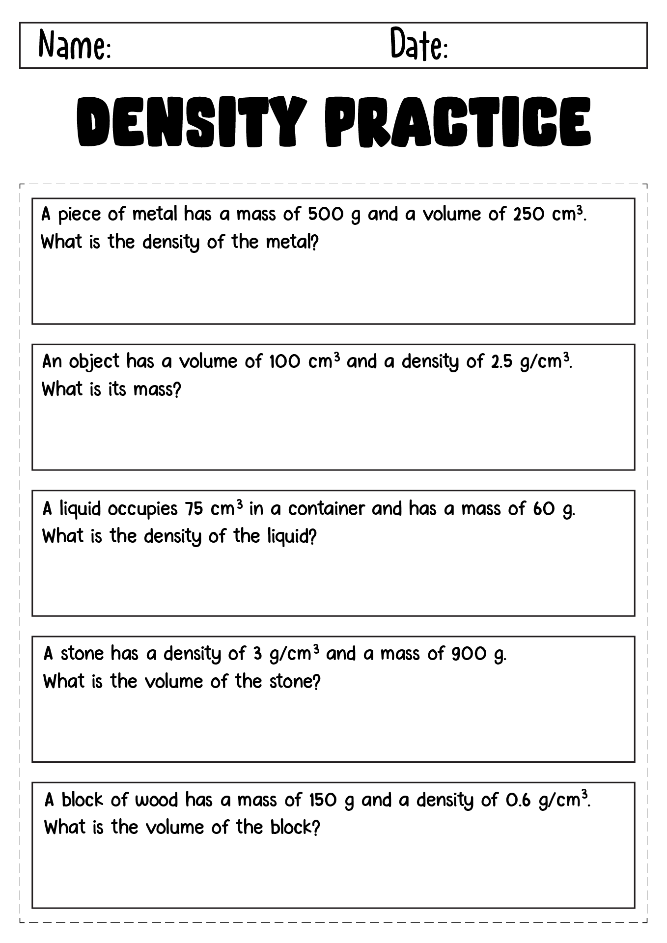 Density Practice Problems Worksheet