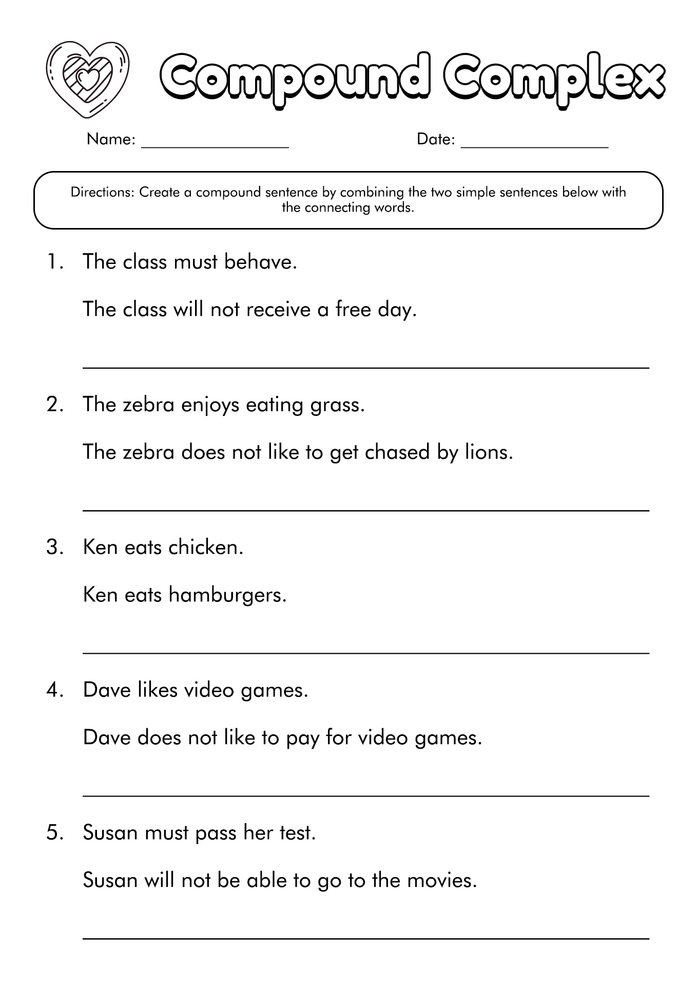 Combining Two Simple Sentences Worksheets