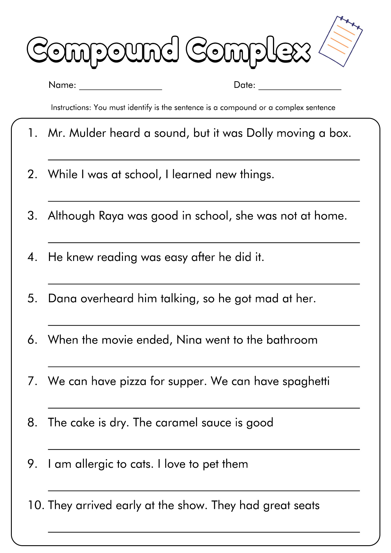 Simple Complex Compound Sentences Worksheet Answers