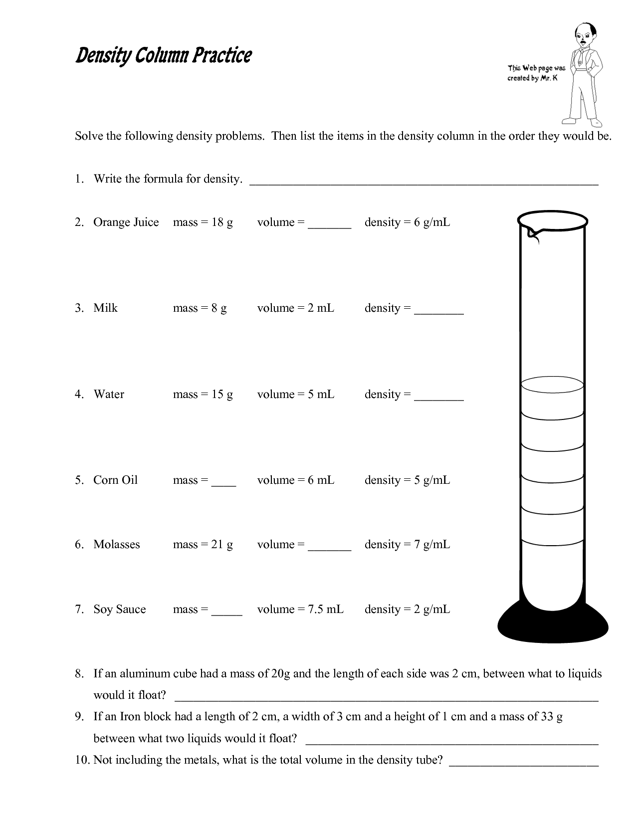 Density Worksheet Chemistry Answers