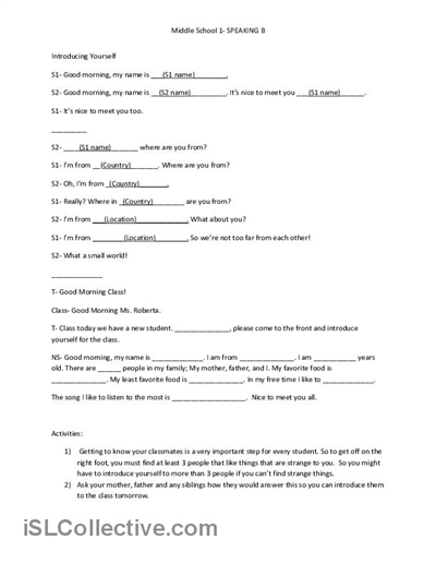 English Worksheets for Middle School Introduction